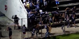 Confusão envolvendo torcedores de Remo e ABC-RN, no estádio Frasqueirão, em Natal-RN – Foto: Reprodução (DAZN)